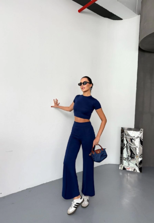 Kadın Osy Modal Yumuşak Kumaş Kısa Kollu Crop Alt ispanyol Paça Pantalon ikili Takım - Lacivert