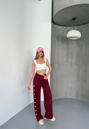 Kadın Osy Modal Yumuşak Dokulu Kumaş Nakış işlemeli Rahat Bol Paça Eşofman Pantalon - Bordo