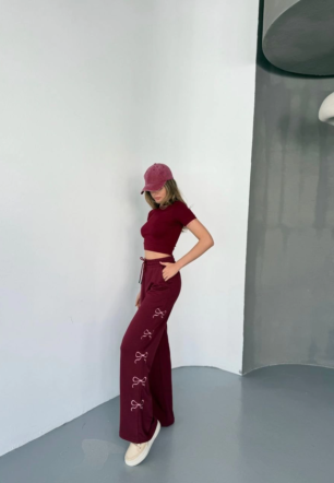 Kadın Osy Modal Yumuşak Dokulu Kumaş Nakış işlemeli Rahat Bol Paça Eşofman Pantalon - Bordo