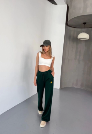 Kadın Osy Modal Yumuşak Dokulu Kumaş Nakış işlemeli Rahat Bol Paça Eşofman Pantalon - Yeşil