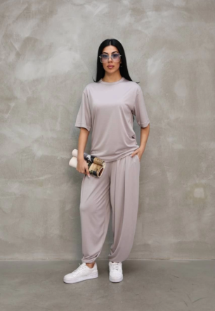 Kadın Osy Modal Yumuşak Dokulu Oversize Bisiklet Yaka Jogger Eşofman Altı Eşofman Takımı - Gri