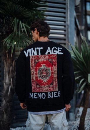 Erkek Oversize Bisiklet Yaka Üç İplik Baskılı SweatShirt - Siyah