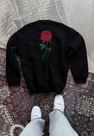 Oversize Üç İplik Bisiklet Yaka Baskılı SweatShirt - Siyah