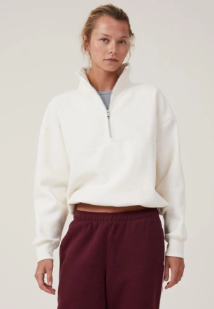 Kadın üç iplik pamuklu Oversize Yarım Farmuarlı Yakalı Basic SweatShirt - Beyaz
