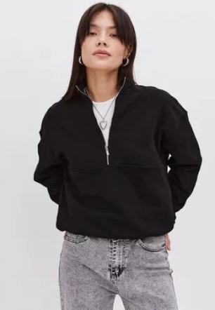 Kadın üç iplik Oversize Yarım Farmuarlı Yakalı Basic SweatShirt - Siyah