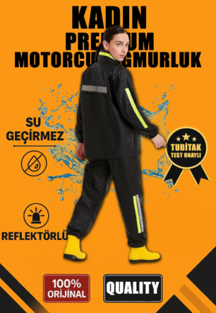 Kadın Premium Motorcu Kurye Yağmurluk Takım Su Geçirmez PVC Reflektörlü  - Siyah