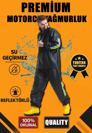 Erkek Premium Motorcu Kurye Yağmurluk Takım Su Geçirmez PVC Kumaş Reflektörlü  - Siyah