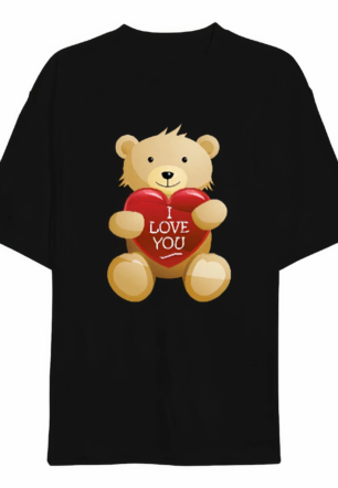 Sevgililer Günü İçin Özel Tasarım I Love You Ayı Baskılı T-shirt - Siyah