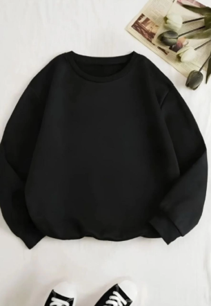 Kadın Üç İplik Pamuklu Biskilet Yaka SweatShirt - Siyah