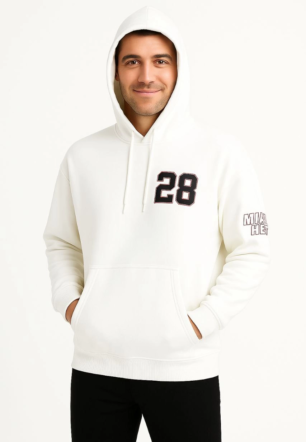 Erkek Kapşonlu Sweatshirt Üç İplik Şardonlu Oversize Fit Ön Arka Baskılı Kanguru - Beyaz