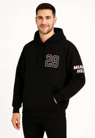 Erkek Kapşonlu Sweatshirt Üç İplik Şardonlu Oversize Fit Ön Arka Baskılı Kanguru - Siyah
