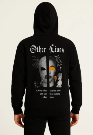 Erkek Kapşonlu Sweatshirt Oversize Üç İplik Şardonlu Other Lives Ön Arka Baskılı - Siyah