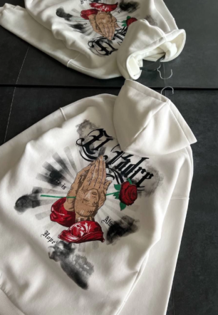 Kadın Üç İplik Penye Uzun Kol Kapüşonlu Baskılı SweatShirt - Beyaz
