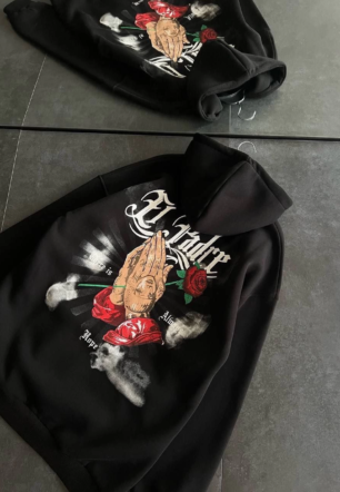 Kadın Üç İplik Penye Uzun Kol Kapşonlu Baskılı SweatShirt - Siyah