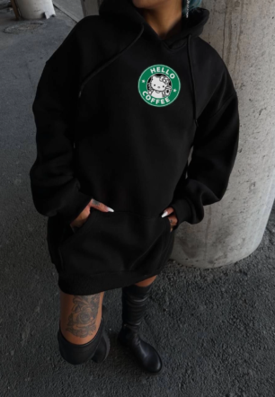 Kadın Üç İplik Pamuklu Kapüşonlu SweatShirt - Siyah