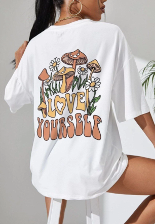 Kadın Baskılı Oversize kısa kol T-Shirt - Beyaz