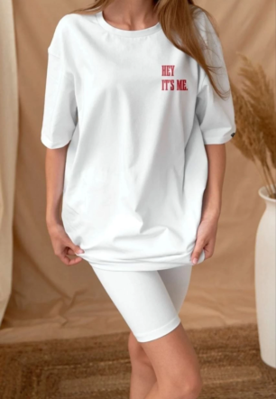 Kadın Baskılı Oversize  Kısa kol T-Shirt - Beyaz