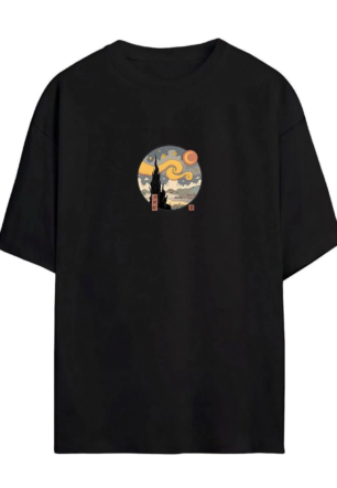 kadın Baskılı Oversize  Kısa kol T-Shirt - Siyah