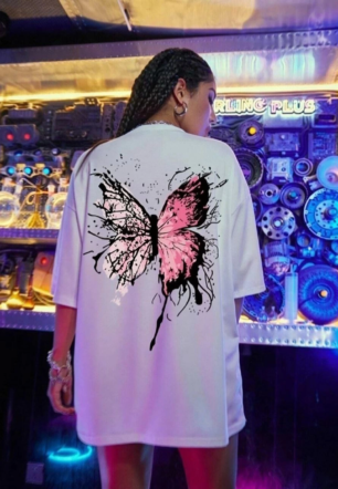 Kadın Baskılı Oversize kısa kol T-Shirt - Beyaz
