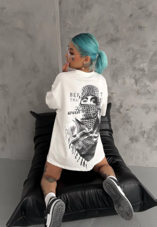Kadın Baskılı Oversize  Kısa kol T-Shirt - Beyaz