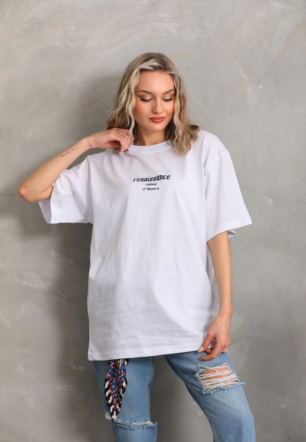Kadın Baskılı Oversize  Kısa kol T-Shirt - Beyaz