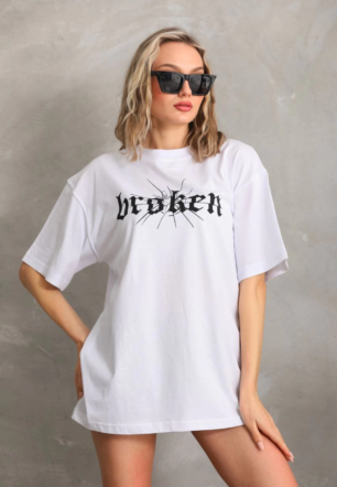 Kadın Baskılı Oversize Kısa kol  T-Shirt - Beyaz