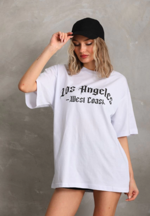 Kadın Baskılı Oversize Kısa kol  T-Shirt - Beyaz
