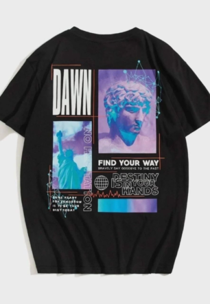 kadın Baskılı Oversize Kısa kol  T-Shirt - Siyah