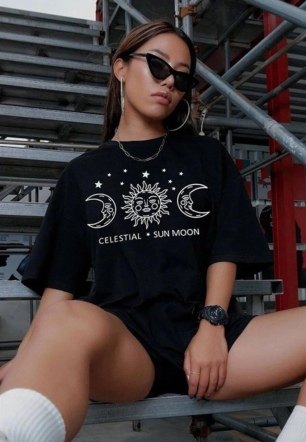Kadın Baskılı Oversize  Kısa kol T-Shirt - Siyah