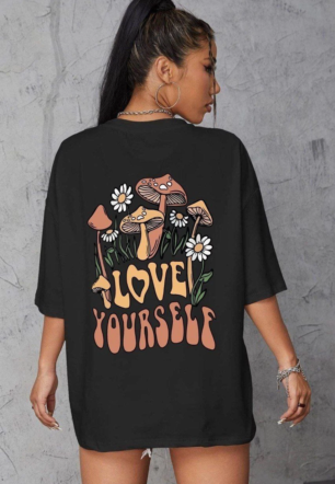 Kadın Baskılı Oversize kısa kol T-Shirt - Siyah