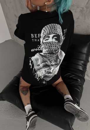 Kadın Baskılı Oversize  Kısa kol T-Shirt - Siyah