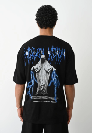 Erkek Baskılı Oversize  Kısa kol T-Shirt - Siyah