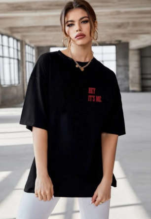 Kadın Baskılı Oversize  Kısa kol T-Shirt - Siyah