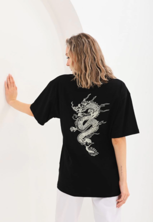 Kadın Baskılı Oversize  Kısa kol T-Shirt - Siyah