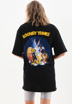 Kadın Baskılı Oversize Kısa kol  T-Shirt - Siyah