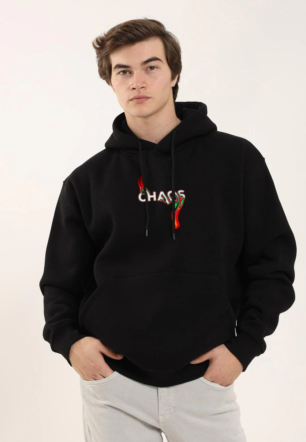 ERKEK Baskılı Oversize Üç İplik Kapüşonlu Sweatshirt - Siyah