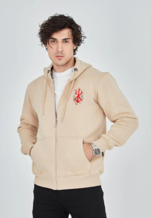 ERKEK Baskılı Tam Fermuarlı Kapşonlu SweatShirt - Bej
