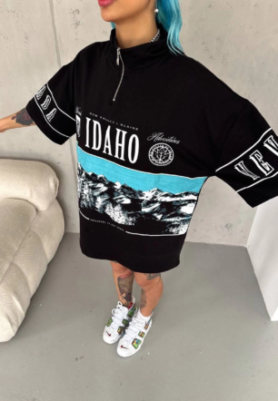 Kadın Baskılı Yarım Fermuarlı Kısa kol T-Shirt - Siyah