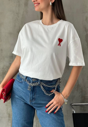 kadın Bisiklet Yaka Baskılı Oversize Kısa Kol T-Shirt - Beyaz