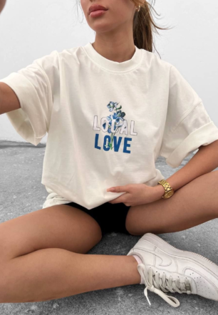 kadın Bisiklet Yaka Baskılı oversize Kısa kol T-Shirt - Beyaz