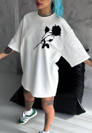 kadın Bisiklet Yaka Baskılı Oversize  Kısa kol T-Shirt - Beyaz