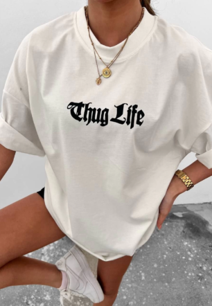 Kadın Bisiklet Yaka Baskılı Oversize Kısa kol T-Shirt - Beyaz