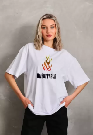 Kadın Baskılı T-Shirt Kısa Kol Bisiklet Yaka Oversize Rahat Kalıp Günlük Tişört   - Beyaz