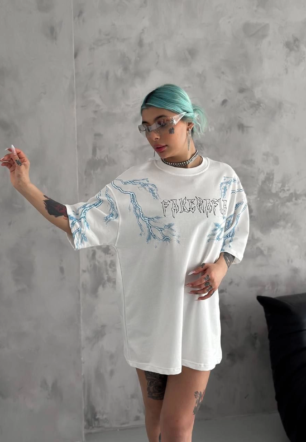 Kadın Bisiklet Yaka Baskılı Oversize  Kısa kol  T-Shirt - Beyaz