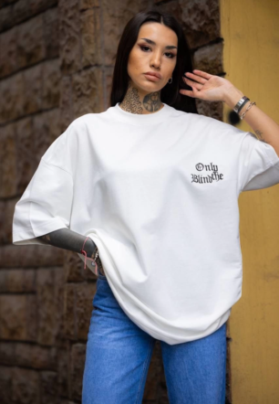 kadın Bisiklet Yaka Baskılı  Kısa kol Oversize T-Shirt - Beyaz