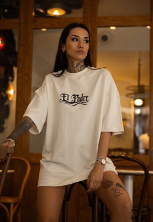 kadın Bisiklet Yaka Baskılı  Kısa kol Oversize T-Shirt - Beyaz