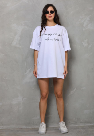 kadın Bisiklet Yaka Baskılı Oversize T-Shirt - Beyaz