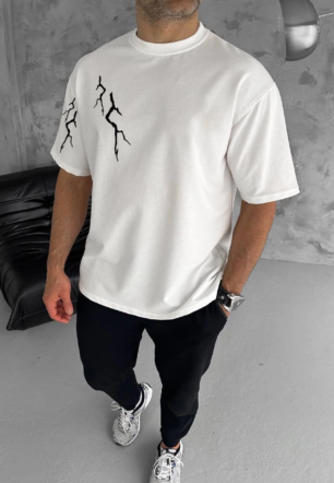 Erkek Baskılı T-Shirt Kısa Kol Bisiklet Yaka Regular Fit Rahat Kalıp Günlük Tişört - Beyaz