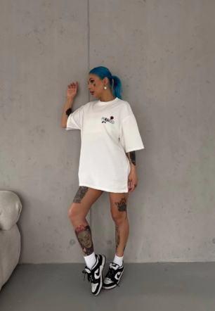Kadın Bisiklet Yaka Baskılı Kısa kol Oversize T-Shirt - Beyaz