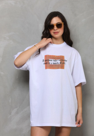 Kadın Bisiklet Yaka Baskılı Oversize T-Shirt - Beyaz